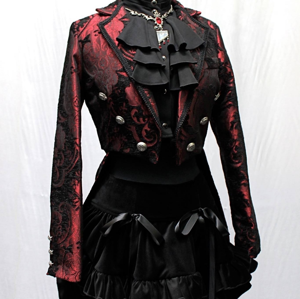 Shrine of hollywood gothic brocade tapestry ringmaster tailcoat black and red